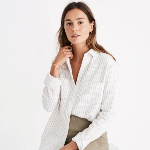 Madewell Sunday Shirt Flannel in White and Tan Stripe. Longsleeve Button Down Si - Picture 1 of 4